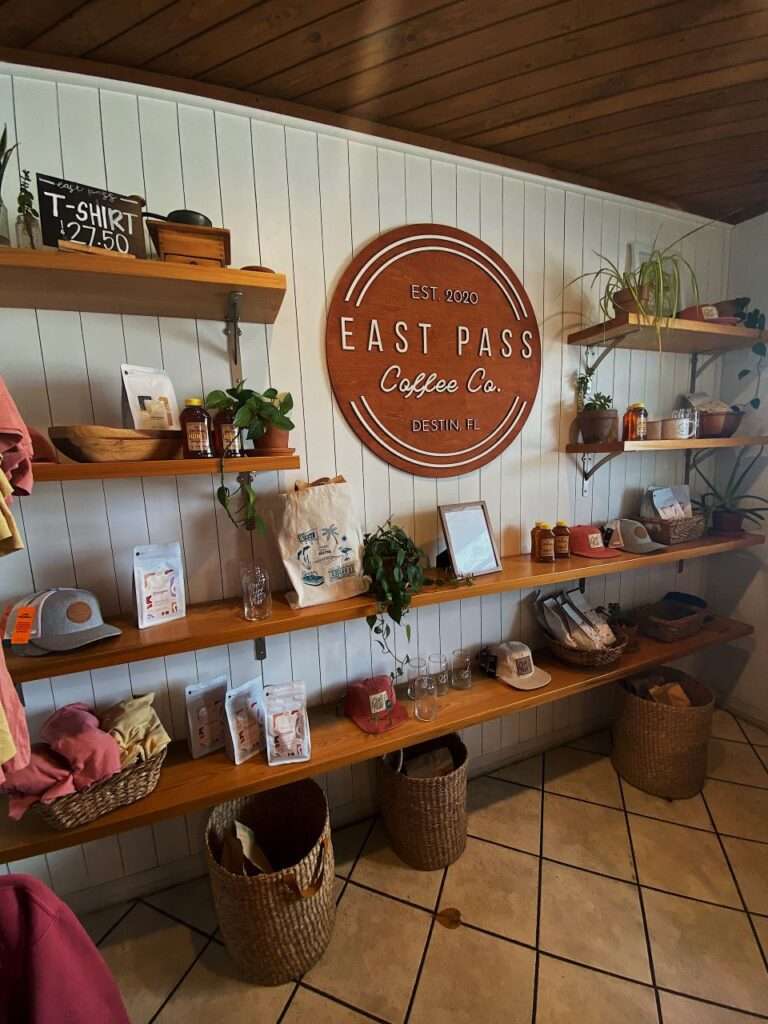 The beachy aesthetic interior of a great Destin coffee shop called East Pass Coffee Co.