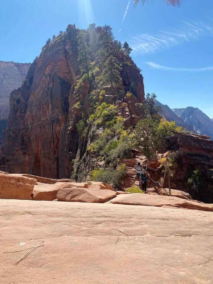 The Angel's Landing hike in Zion National Park adorned with chains on the side to hold on to while scaling narrow paths with steep drop offs on either side.