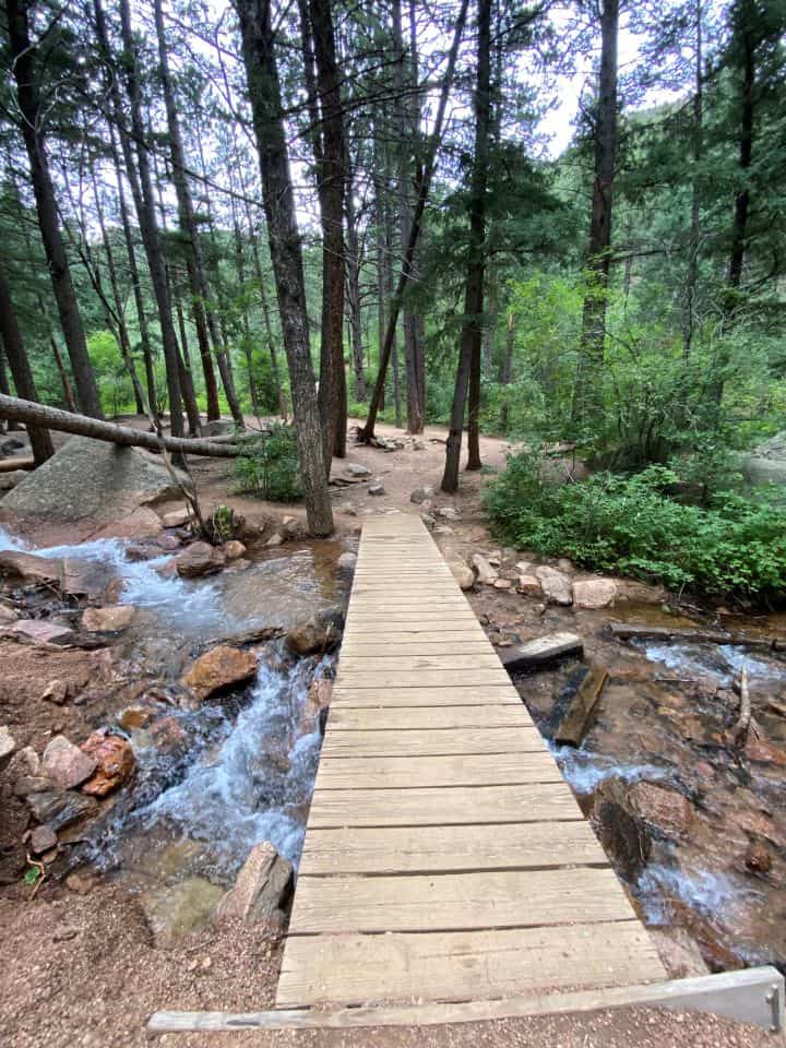 One of the small bridges you will cross during the Seven Bridges hiking trail in Colorado Springs.
