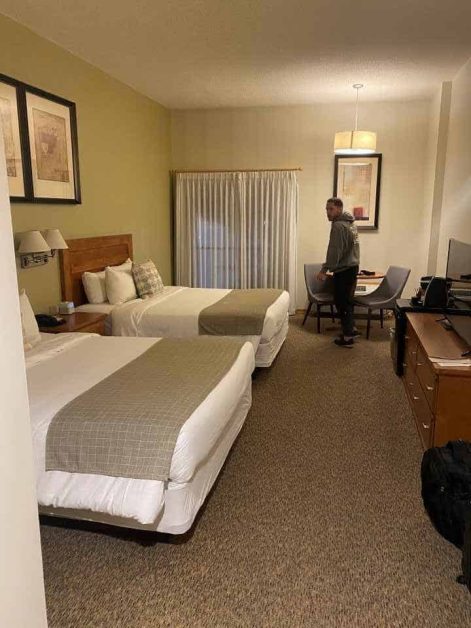 The inside of the double room at Banff Inn Hotel which offers a very clean and comfortable stay in downtown Banff at a more affordable price than other options.