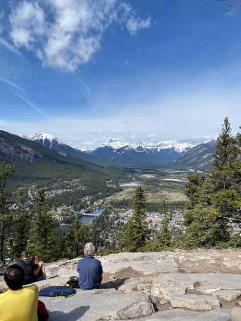 The stunning views from Tunnel Mountain Summit hiking trail accessible from downtown Banff providing incredible views of the snow-covered mountains and the Bow River.