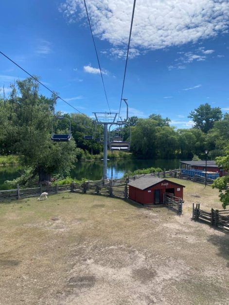 The view of the petting zoo below you while you ride the Sky Lift at Centreville Amusement Park on Toronto Islands.
