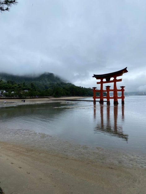 The iconic red floating Torii Gate of Itsukushima Shrine on Miyajima Island, Japan, standing in shallow water with misty green mountains in the background.