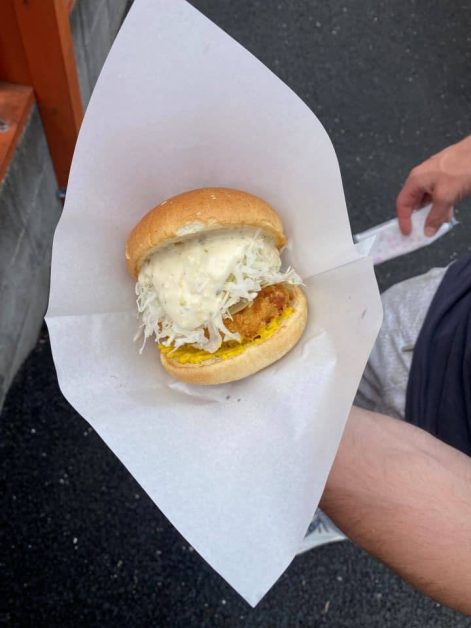The fried shrimp sandwich served with tartar sauce from a food stall near Fushimi Inari Taisha shrine in Kyoto.