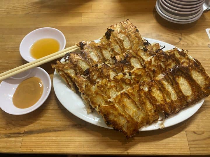 Crispy handmade dumplings made by the friendly owner at Gyoza Taizou which is a small shop in Kyoto.