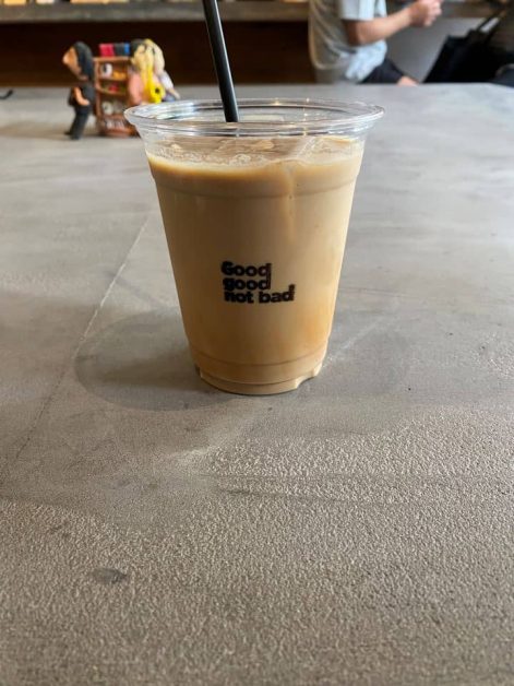 An iced salted caramel latte from Good Good Not Bad coffee shop in Kyoto.