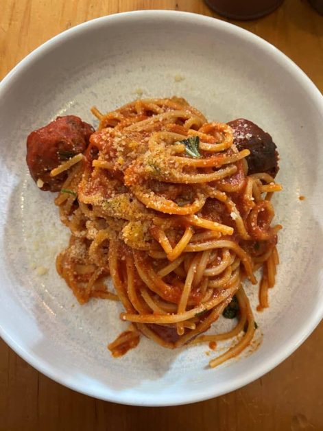 The spaghetti and meatballs dish served at Trattoria Nervosa which is a nice Italian restaurant in the Yorkville neighborhood of Toronto.
