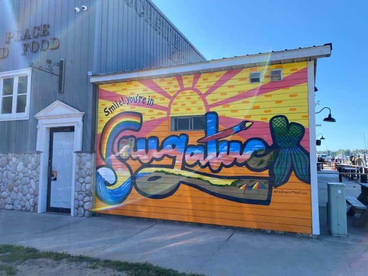 The colorful Saugatuck mural painted on the side of a building near the harbor along the Kalamazoo River.