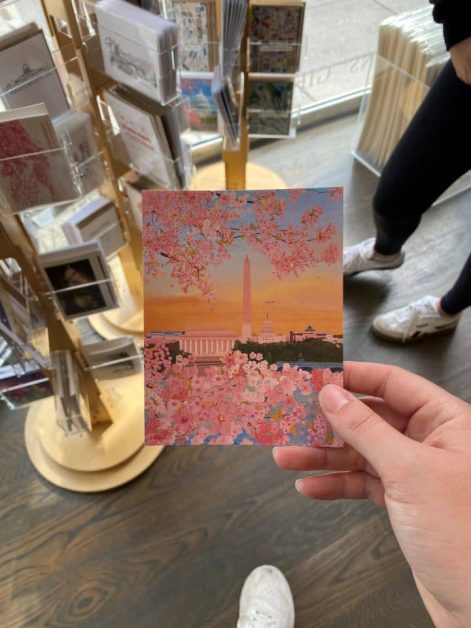 A beautiful vibrant colored Washington DC postcard sold at Jenni Bicks Custom Journals in DuPont Circle that features a view of the Washington Monument at sunset surrounded by cherry blossoms on the Tidal Basin.
