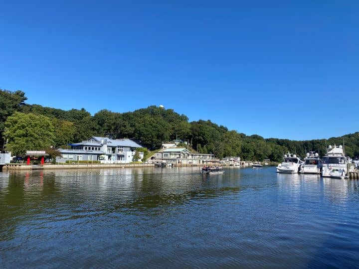 The lake houses, boats, and green trees surrounding Kalamazoo River that runs through downtown Saugatuck.