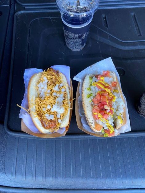 The Coney Dog, Chicago Dog, and draft root beer served at Douglas Root Beer Barrel near Saugatuck.