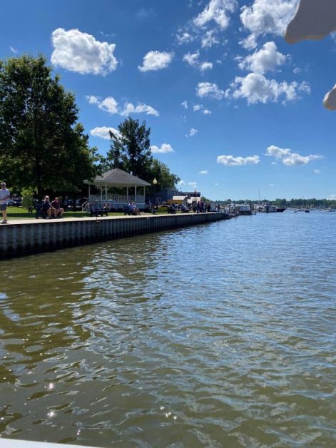 The view of the Kalamazoo River and downtown Saugatuck while taking the Saugatuck Chain Ferry across the river to Mt. Baldhead Park.