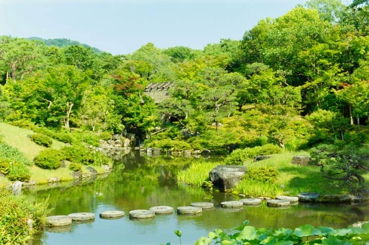Isuien Garden in Nara Japan with stepping stones across a pond surrounded by lush greenery.
