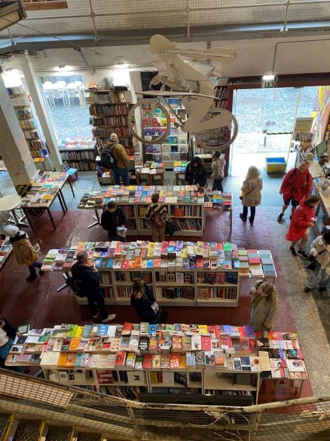 The view of the plethora of books from the second level of Ler Devagar Bookstore in the LX Factory.