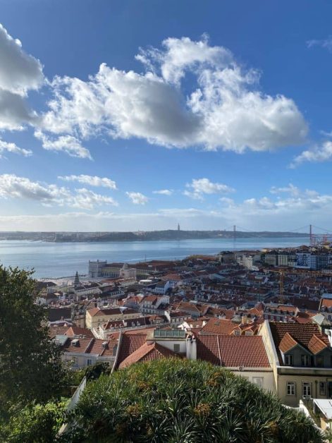 The view of Lisbon from Castelo de Sao Jorge featuring terracotta-colored roofs and the water.