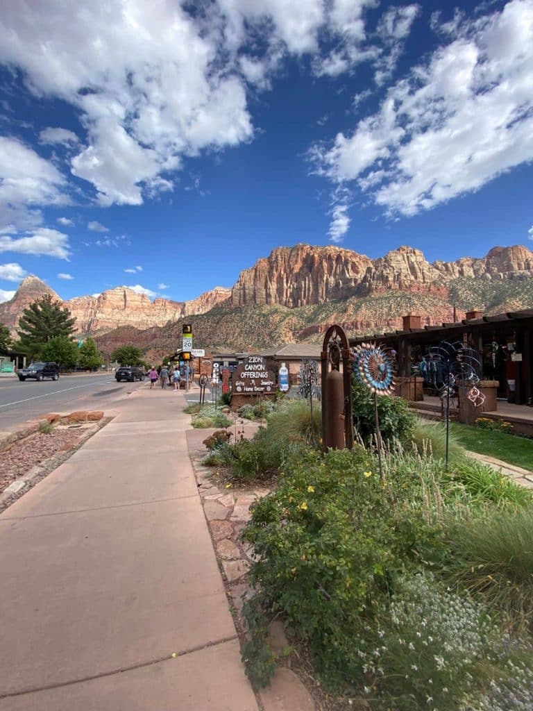 The views of Zion Canyon in downtown Springdale right outside of the Zion National Park entrance and visitor center.