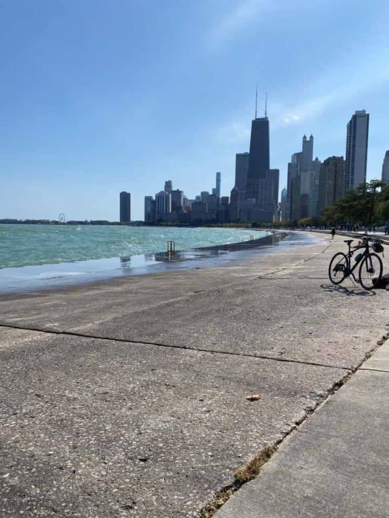 The lakefront trail in Chicago that runs along Lake Michigan offering beautiful skyline views and stretches all the way to Lincoln Park which is a great are to stay in Chicago.