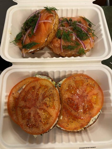 The tomato and cream cheese bagel from Apollo Bagels in New York City that is delicious and perfectly seasoned.