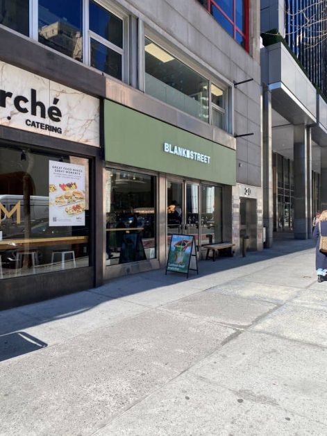 The exterior of Blank Street coffee shop in New York City near Midtown and Central Park.