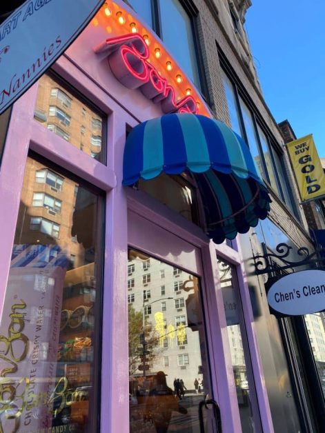 Colorful exterior of BonBon Swedish Candy Co. in New York City known for Swedish candy and sweet treats.