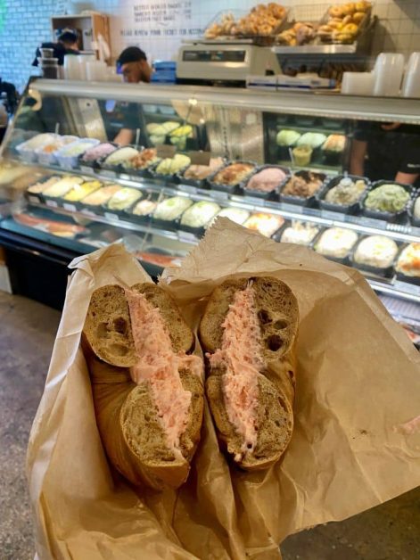The cinnamon raisin bagel topped with strawberry cream cheese at Brooklyn Bagel & Coffee Company in New York City.
