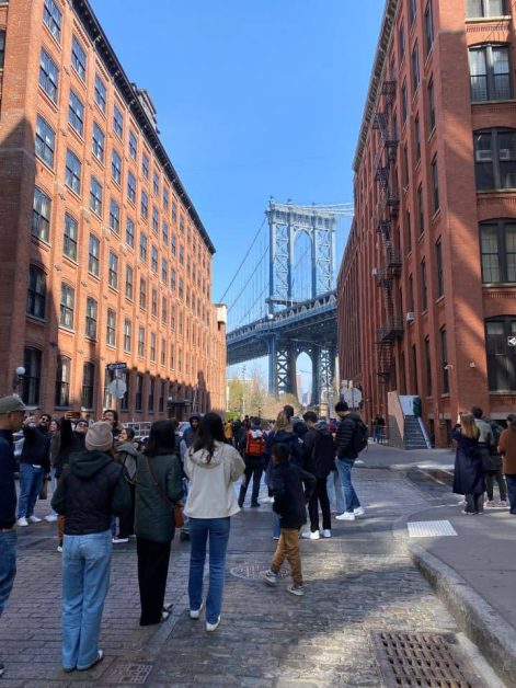 The view of the blue Manhattan bridge situated between two red brick buildings in Dumbo Brooklyn.