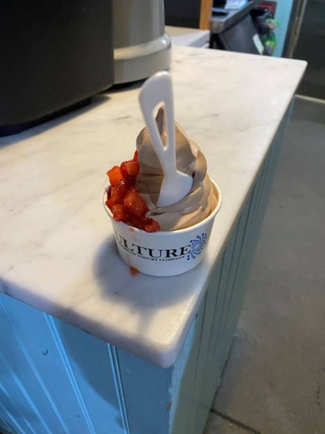 The nutella frozen yogurt self-serve topped with strawberries at Culture An American Yogurt Company in New York City.
