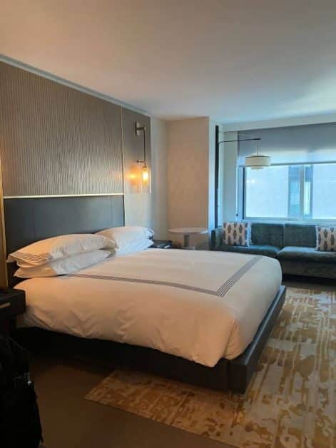 The inside of our hotel room at the Thompson Central Park by Hyatt in Midtown Manhattan making it a good choice if you're deciding where to stay in NYC.