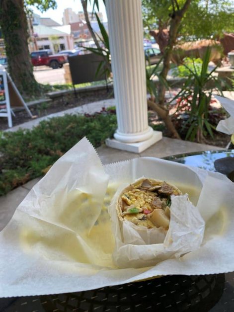 Breakfast wrap with eggs, sausage, and vegetables from Great Eggs in Lake Geneva, Wisconsin.