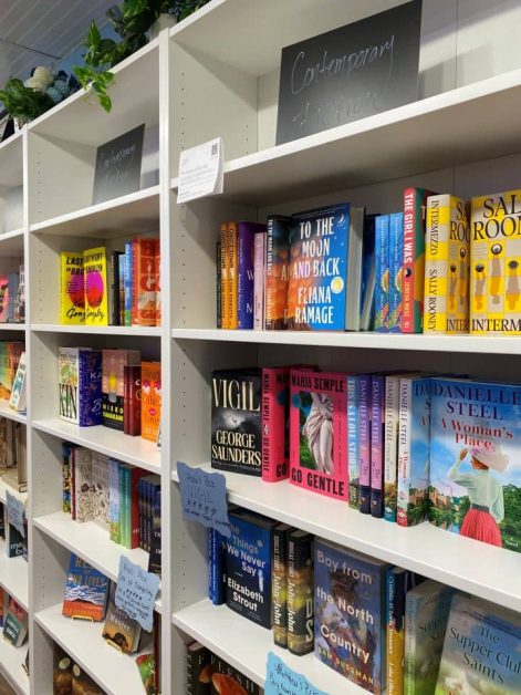 Shelves of contemporary fiction books at Lakeside Books in Lake Geneva, Wisconsin.