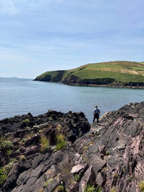 A person standing on dark rocky cliffs looking out over a blue bay, with a grassy green headland curving into the distance.